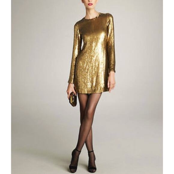 DVF Diane Von Furstenberg Women's Gold Sequin Long Sleeve Pauletta Dress 4 - Picture 1 of 6